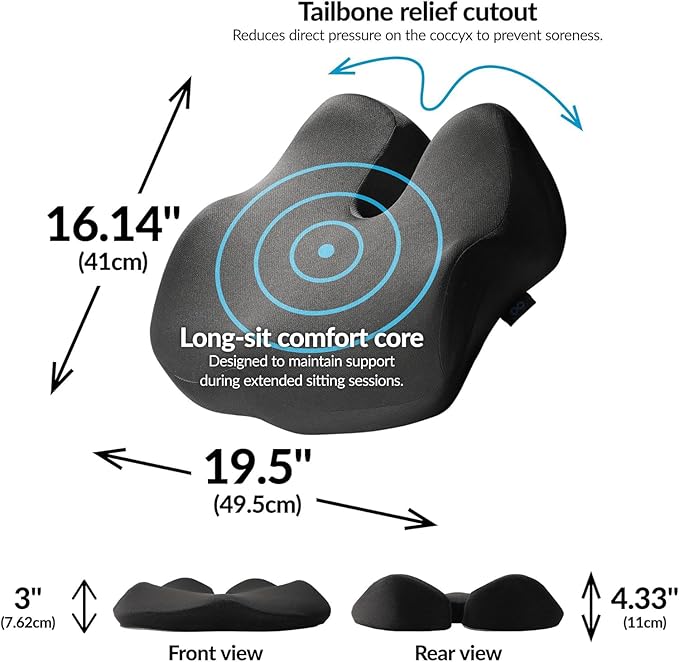 Everlasting Comfort Doctor Recommended Memory Foam Seat Cushion for Office Chairs & Car - Ergonomic Office Desk Accessories - Cushions for Tailbone Pain Relief, Sciatica (Charcoal Black, XX-Large)