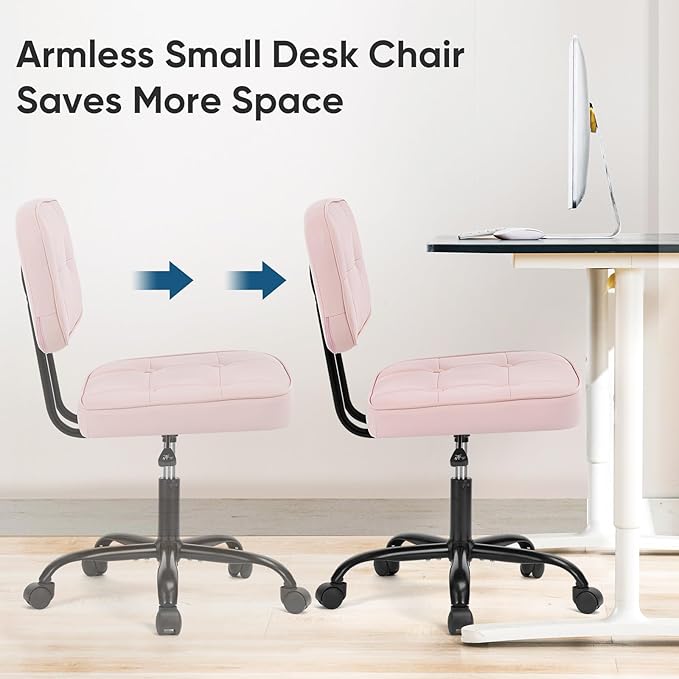 DUMOS Home Office Desk Chair - Ergonomic Armless PU Leather Computer Rolling Task Chair，with Comfy Lumbar Support and Height Adjustable, Vanity, Bedroom, Pink