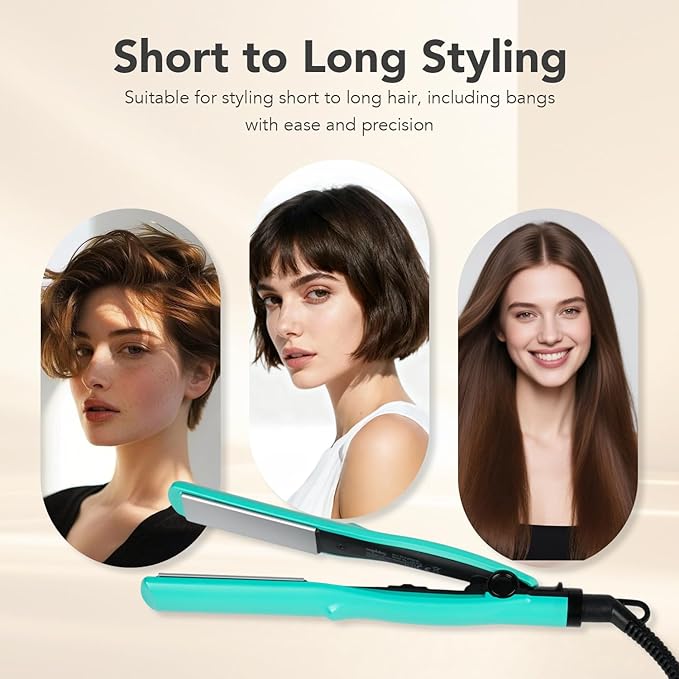 Mini 1 Inch Ceramic Flat Iron – Compact Hair Straightener for Short Hair & Bangs, Dual Voltage Travel-Friendly, Green