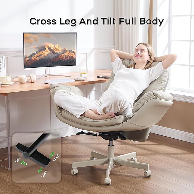Criss Cross Chair with Armrests & Wheels for Cross-Legged Sitting, Comfortable Adjustable Swivel Office Desk Chair –PU Leather Vanity Chair for Home, Makeup and Bedroom (Cream)