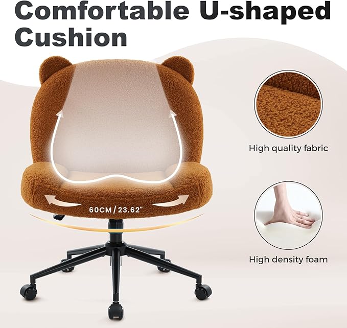 IWMH Armless Office Desk Chair with Wheels,Ergonomic Criss Cross Legged Computer Chair with Fabric Padded, Height Adjustable Wide Seat Vanity Chair,Mid Back Task Chair for Home, Bedroom (Brown)