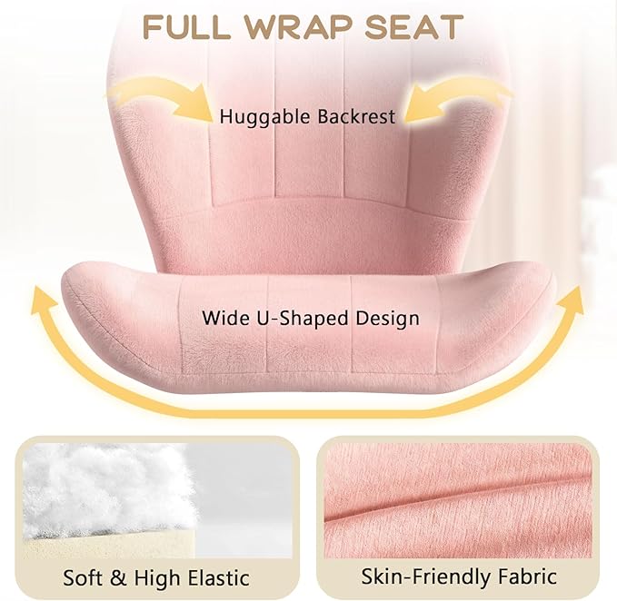 Criss Cross Chair with Wheels, Wide Cross Legged Office Chair Armless Comfy Desk Chair with Tall Back Vanity Chairs with Stress Relief Curved Design Seat for Bedroom & Office & Home Pink