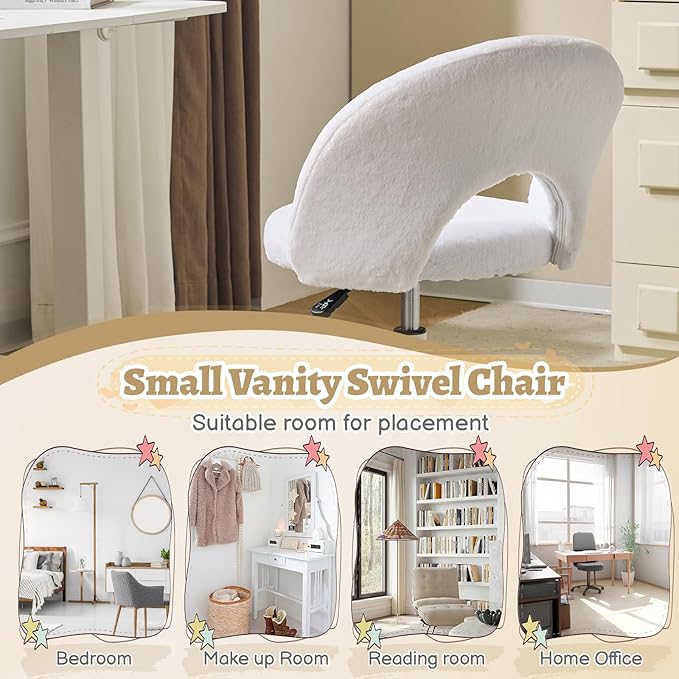VINGLI Small Vanity Chair with Faux Fur Wheels for Girls,Cute Adjustable Height Armless Office Desk Chair,360°Swivel Comfy Rolling for Study,Make up Room,Small Space,White
