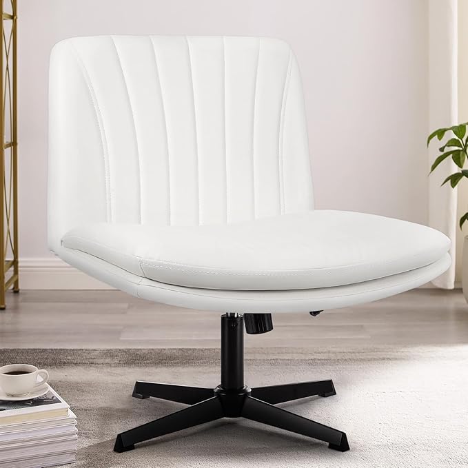 PUKAMI Criss Cross Chair,Comfy Cross Legged Office Desk Chair No Wheels,Modern Fabric Swivel Adjustable Height Mid Back Wide Seat for Home Office Computer (Pu White)