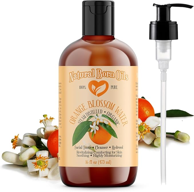 Natural Born Oils 16oz Orange Blossom Water Hydrosol, 100% Pure and Natural, Organic, Steam-distilled, Facial Toner Cleanser, with Sprayer