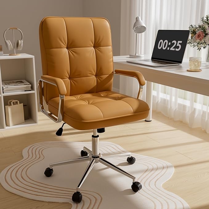 Brown Leather Office Desk Chair, Swivel Computer Home Office Desk Chair with Wheels and Padded Arms, Adjustable Height and Tilt