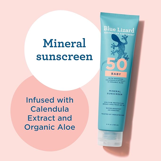 Blue Lizard BABY Mineral Sunscreen with Zinc Oxide,SPF 50+,Water Resistant,UVA/UVB Protection with Smart Cap Technology - Fragrance Free,5 oz. Tube,(Pack of 2)