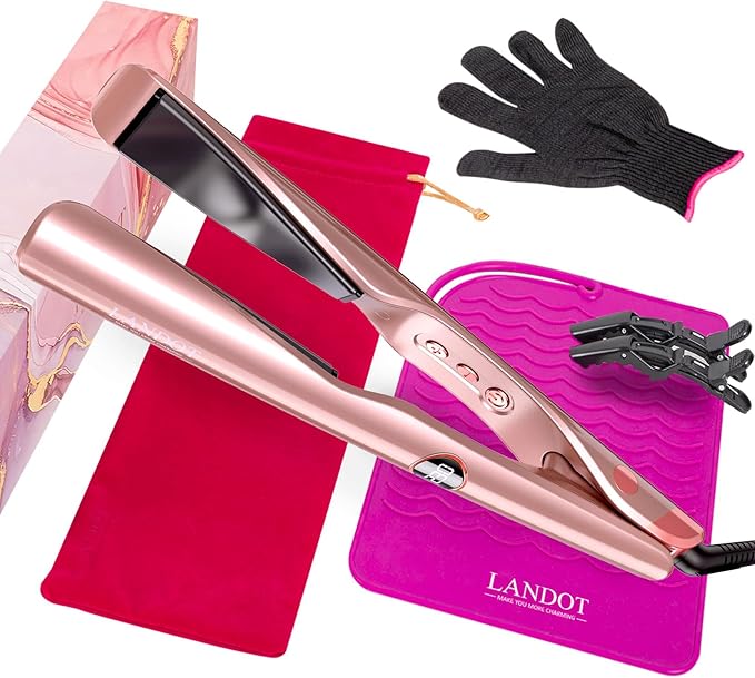 LANDOT Flat Iron Hair Straightener and Curler 2 in 1 – Straighten Curl Wave, Ceramic, Dual Voltage, Fast Heat Up, 12 Adjustable Temps(250-450℉) for All Hair Types