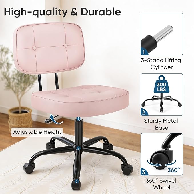 DUMOS Home Office Desk Chair - Ergonomic Armless PU Leather Computer Rolling Task Chair，with Comfy Lumbar Support and Height Adjustable, Vanity, Bedroom, Pink