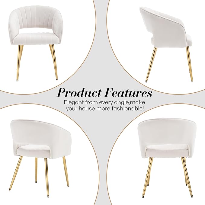 Modern Velvet Vanity Chair, Home Office Desk Chair with Hollow Back, Upholstered Dining Chair with Gold Metal Legs, Comfy Accent Armchair for Living Room Bedroom, Beige