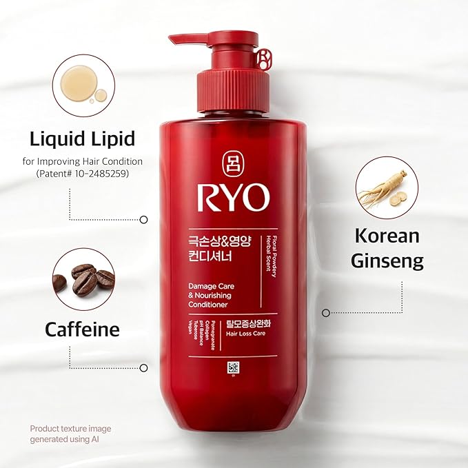 RYO Damage Care & Nourishing Conditioner with Korean Ginseng & Caffeine - Repair and Moisturizing, Anti Loss Care, Strengthening hair roots, 16 Fl Oz.