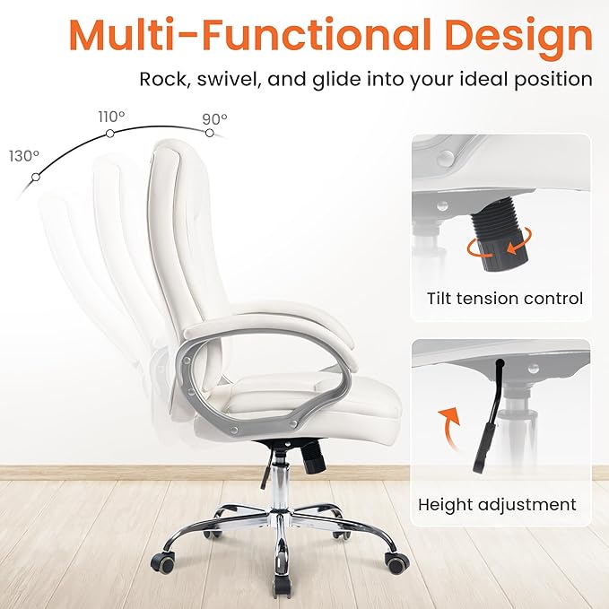 NEO Chair Office Desk Ergonomic Gaming Chair High Back Adjustable Computer Chair with Wheels and Lumbar Support Comfy Leather Executive Swivel (White)