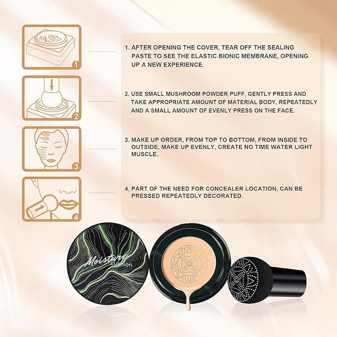 Air Cushion CC Cream - Moisturizing BB Cream Foundation, Long-Lasting Waterproof New Mushroom Head Cushion Foundation Concealer for Even Skin Tone (Buff Beige, 1 PCS)