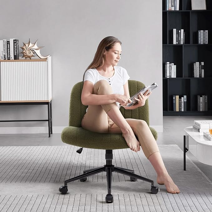 IWMH Criss Cross Chair Cross Legged Office Chair with Wheels Armless Wide Seat Desk Chairs Height Adjustable Computer Task Chairs Swivel Vanity Chair for Home Office Bedroom Make Up Small Space Green