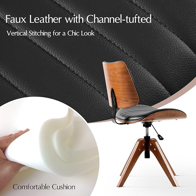 HULALA HOME Faux Leather Home Office Chair with Solid Wood Legs, 360° Swivel Desk Chair No Wheels with Bentwood Design, Mid-Century Modern Wide Seat Computer Task Chair, Black