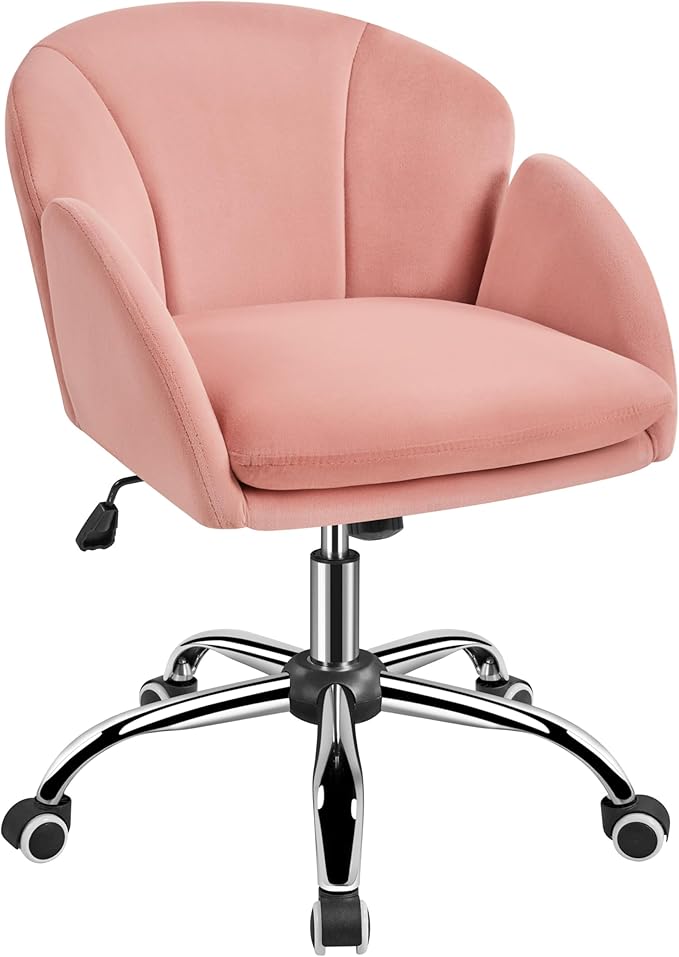 Yaheetech Pink Desk Chair Vanity Chair Comfy Velvet Chair Cute Desk Chair for Home Office Modern Swivel Rolling Chair for Bedroom, Living Room, Makeup Room Women