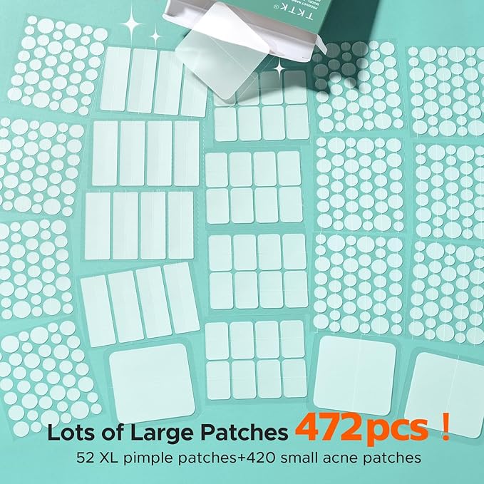 TKTK Large Pimple Patches for Face, 7 Sizes XL Acne Patches, Big Hydrocolloid Bandages for Body, Chin, Forehead, Chest, Back Zit Breakouts, Hydrocolloid Patch (Strip, Square, Dot 472 Count)