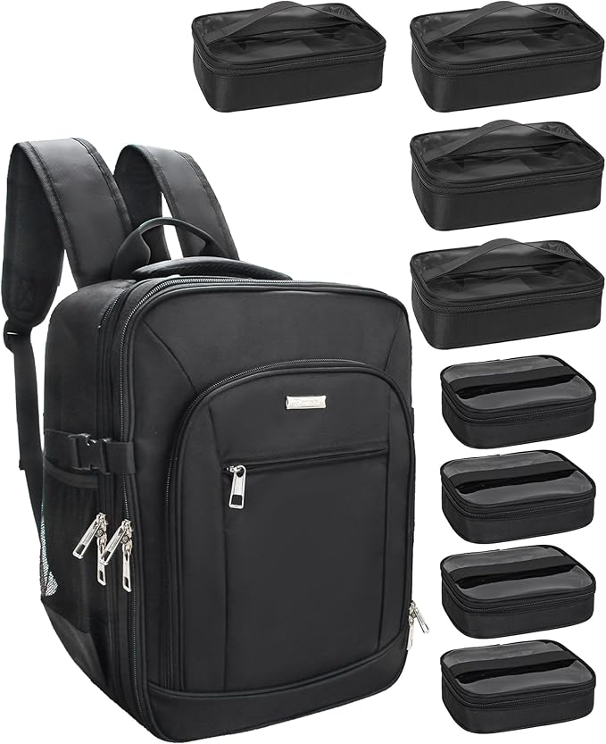 TANTO Makeup Backpack Professional Cosmetic Artist Bag Extra Large Travel Train Case Storage Organizer Double-Layer Cosmetic Case with 8 Pouch &Adjustable Divider (Black)