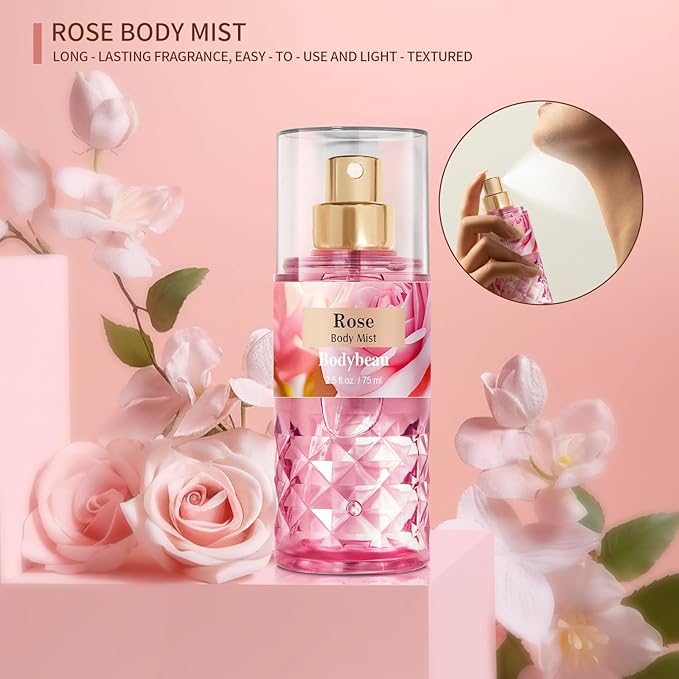 Bath and Body Gift Set for Women and Girls,Rose 3PCS Set - Shower Gel,Body Lotion,Body Mist,Personal Portable Body Care Travel Set,Home Spa Set for Birthday Mother's Day Gifts for Her
