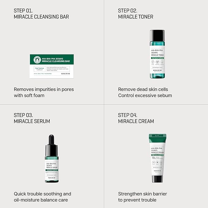 SOME BY MI AHA BHA PHA 30Days Starter Kit - Toner 1.01Oz, Serum 0.33Oz, Cream 0.7Oz, Cleansing Bar 1.05Oz - Mild Exfoliating Daily Skin Care Set - Skin Wastes, Sebum, Oiliness Care - Korean Skin Care