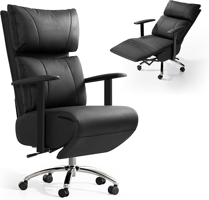 Reclining Office Chair with Adjustable Headrest and Footrest, 170° Ergonomic Comfortable Office Chair Zero Gravity, Leather Executive Home Office Desk Chair (Black)