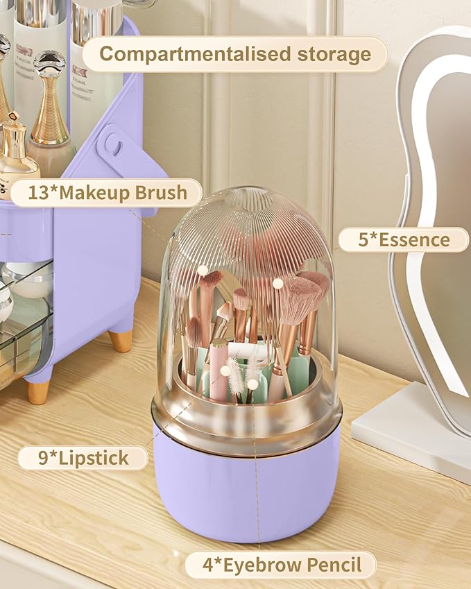 Makeup Brush Holder 360 Rotating, [Upgrade & with Cover] Makeup Brush Organizer for Vanity Countertop Bathroom (Purple)