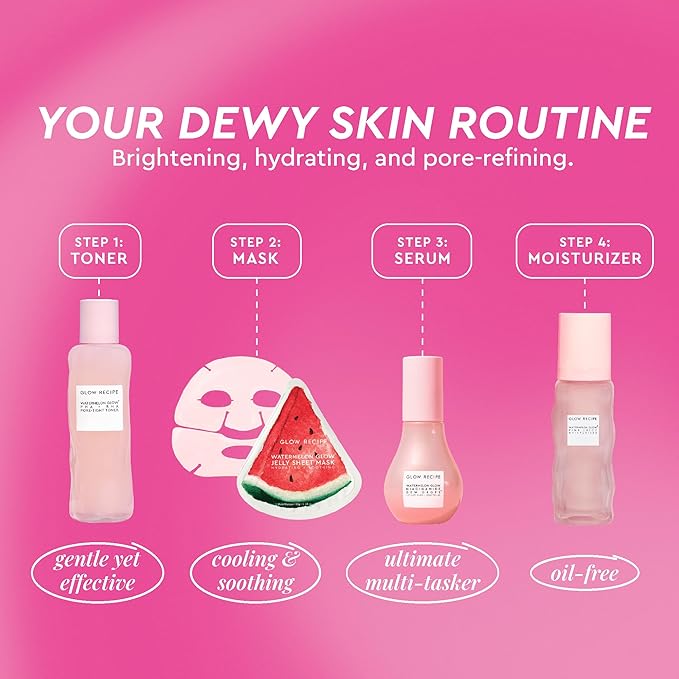 Glow Recipe Watermelon Glow Dewy Skin Routine Kit - Full Size Dew Drops Serum, Full Size Pink Juice Moisturizer, Travel Size PHA+BHA Pore-Tight Toner & Watermelon Jelly Sheet Mask (4 Count)