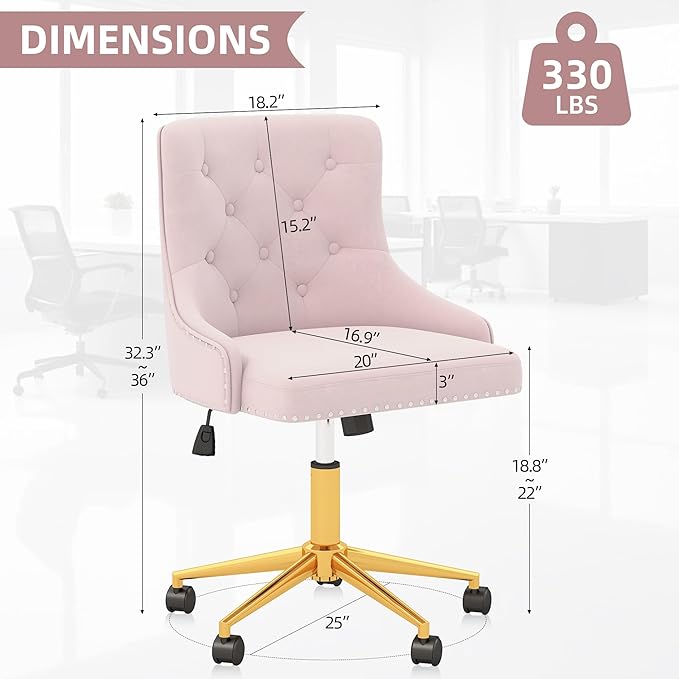 Westice Velvet Desk Chairs, Upholstered Swivel Comfy Makeup Vanity Chair with Tufted Back, Gold Metal Base & Wheels, Height Adjustable Chair for Girls, Bedroom Living Room, Light Pink