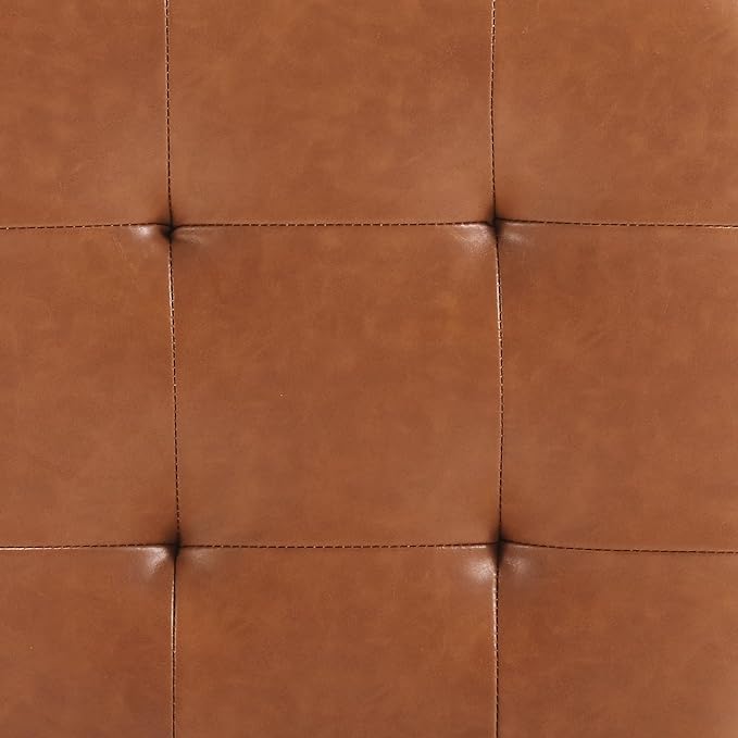 Zesthouse Rattan Desk Chair No Wheels, Mid Century Modern Home Office Chair with Cane Mesh & Wooden Back, Vintage Faux Leather Swivel Accent Chair, Upholstered Armless Computer Task Chair,Brown
