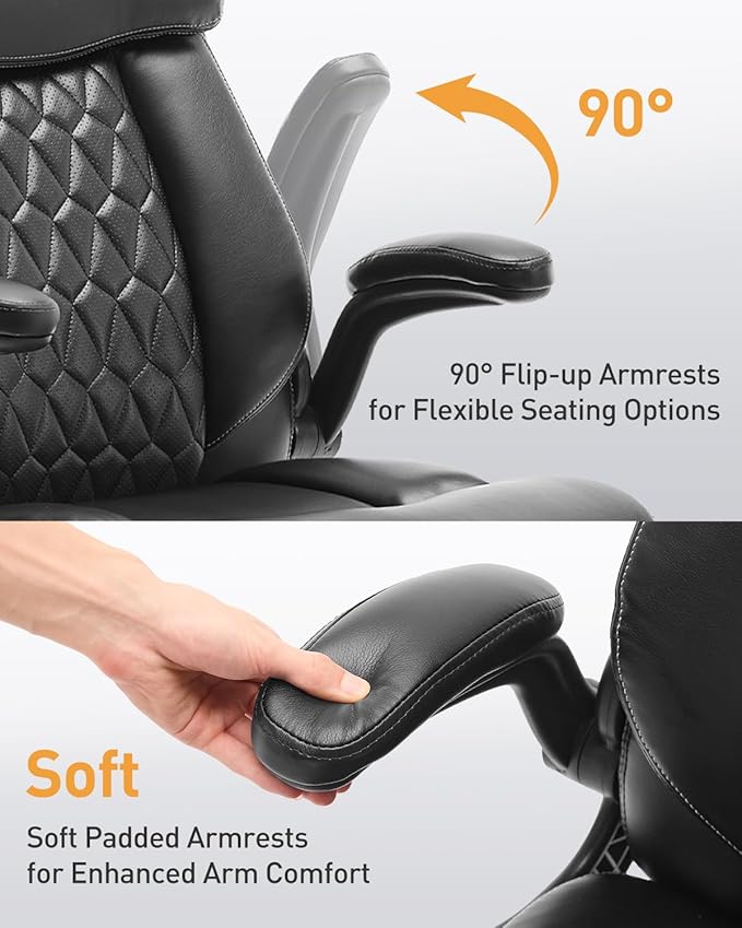 500LBS Big and Tall Office Chair, Heavy Duty Office Desk Chair with Padded Flip-Up Arms, Adjustable Lumbar Support & Tilt Lock, High Back Ergonomic Executive Computer Chair for Work & Study, Black