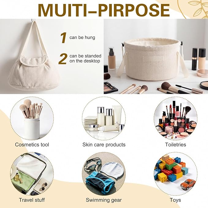 makeup bag lay flat Lay Flat Barrel Drawstring Corduroy Makeup Bag for Women Portable Open-flat Large Capacity Travel Cosmetic Organizer, Skincare & Brush Storage(Creamy White)