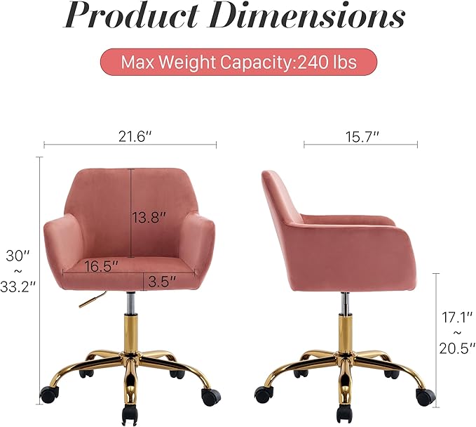 Faux Fur 360°Swivel Desk Chair, Modern Height Adjustable Home Office Armchair with Golden Base for Teens Women Girls, Upholstery Computer Chair for Home Studios, Velvet & Pink