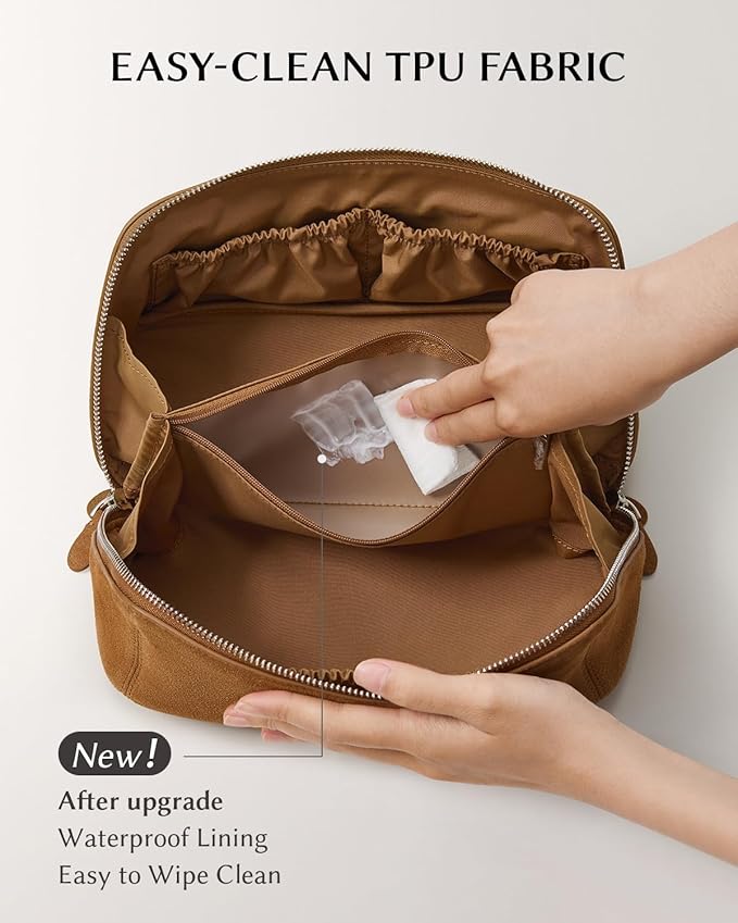 EACHY Leather Makeup Bag, Portable 180° Wide-Open Flat Cosmetic Bag for Women, Large Capacity Make Up Organizer Makeup Pouch with Divider and Handle