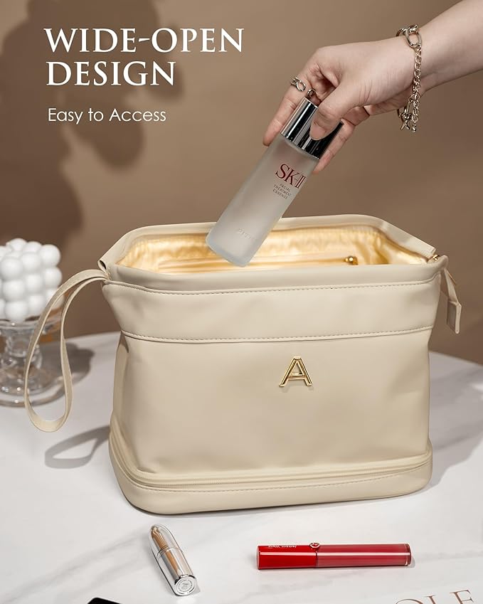 Monogrammed Gift for Women Girls, Initial Makeup Bag, Personalized Double Layer Cosmetic Bag with Makeup Brush Organizer, Large Capacity PU Leather Travel Toiletry Bag, Sister Gifts