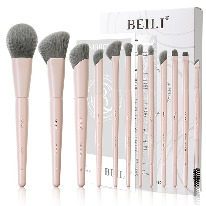 BEILI 12Pcs Pink Makeup Brush Set, Professional Synthetic Brushes for Face & Eye Makeup, Powder, Concealer, Blending, Contour, Eyeliner, Elegant Gift-Ready Set