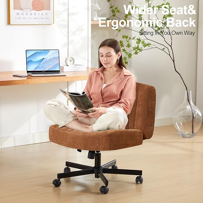 Criss Cross Chair with Wheels,Thick Padded Fabric Cross Legged Office Desk Chair with Pocket Spring Cushion,Dual-Purpose Base,Wide Adjustable Computer Home Office Vanity Chair,Brown