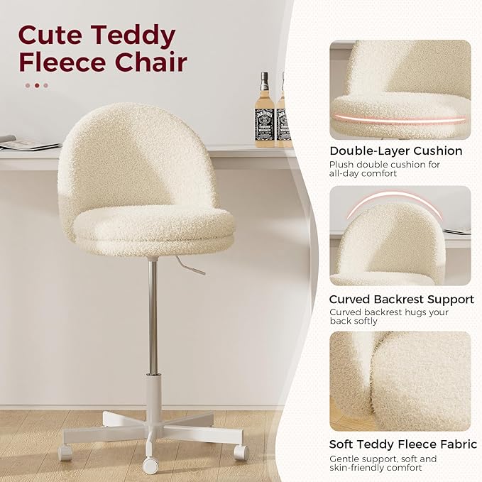 GTPLAYER Velvet Tall Office Chair with Wheels Vanity Chairs with Back, Versatile Height Use: Office to Bar Stools Small Ergonomic Comfy Armlees Computer Desk Chair with Bow Lumbar Pillow for Gift