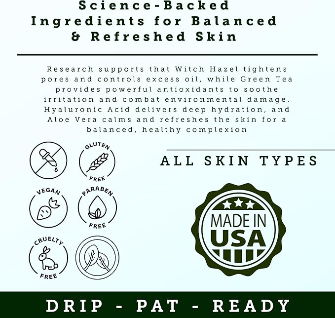 Face Toner for Men | Organic Witch Hazel, Hyaluronic Acid & Green Tea | Pore Minimizer, Hydration, Astringent, Face Tightener, Hydrating Toner, Oil Control, | Facial Toner & Men Skin Care