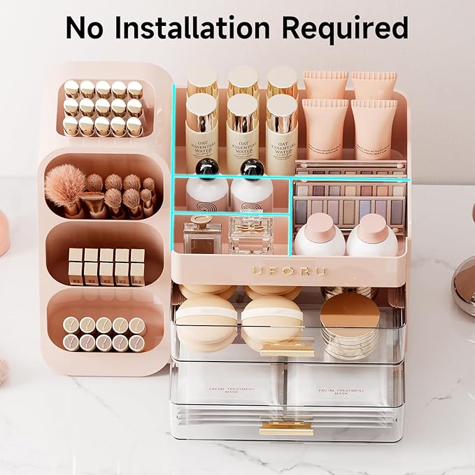 Makeup Organizer for Vanity with Brush Holder, Countertop Skincare Organizer with 2 Drawers, Spacious Cosmetic Display Case for Perfumes, Eyeshadow Palettes, Nail Polishes