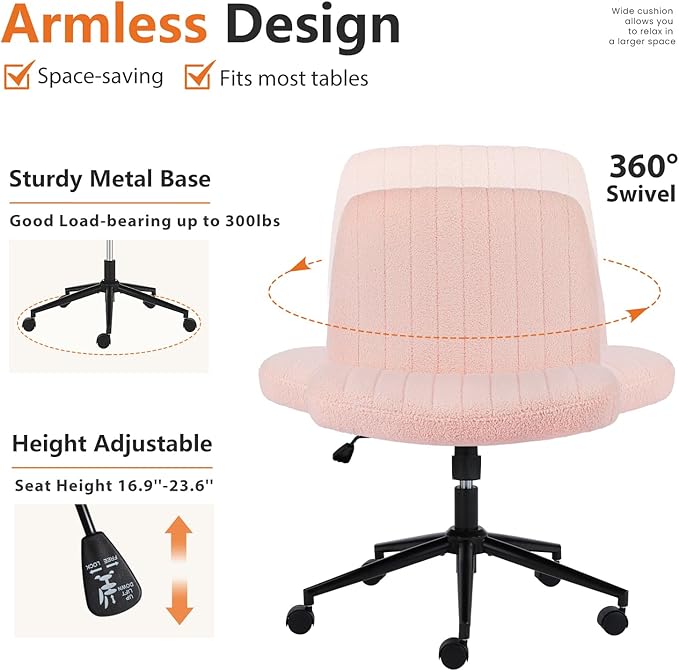 Sweetcrispy Criss Cross Chair Legged with Wheel, Armless Office Swivel Desk Chair with Wheel, Vanity Height Adjustable Wide Seat Comfy Cute Computer Task Seating for Home Bedroom