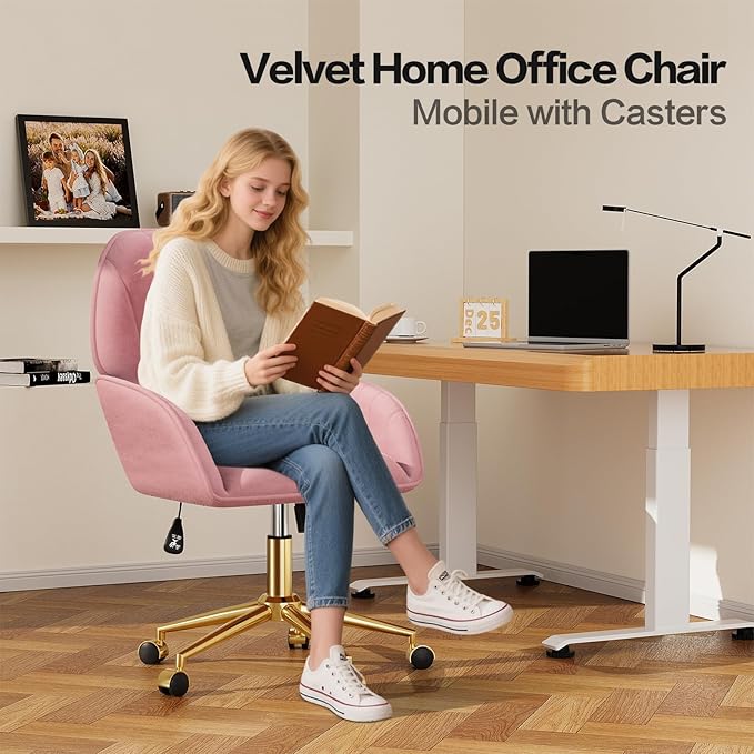 Home Office Desk Chair Comfy with Adjustable Swivel Wheels, Modern Velvet Makeup Vanity Chair with Back & Pillow, Ergonomic Office Chair Computer Task Chair for Living Room, Bedroom, Rose Pink