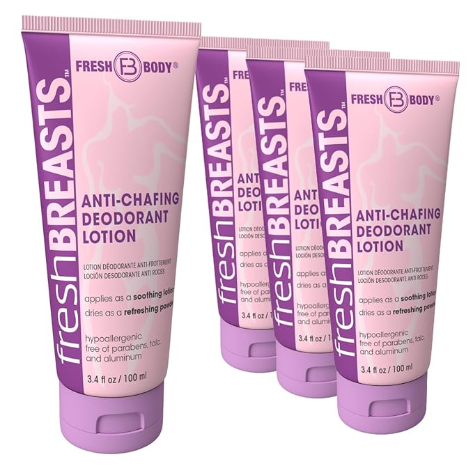 Fresh Breasts Anti-Chafing Cream Deodorant Lotion to Powder, 3.4 Fl Oz (4 Pack) Whole Body Anti-Friction for Women, Inner Thighs & Areas that Sweat, No Talc, Aluminum & Fragrance
