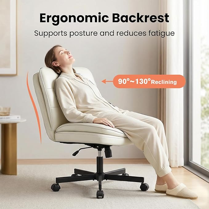 GTPLAYER Cross Legged Office Chair, Armless Desk Chair Cute Vanity Chair with Wheels Computer Chair Comfy Wide Office Chair Adjustable Swivel for Home Computer Task,Pu Leather Beige