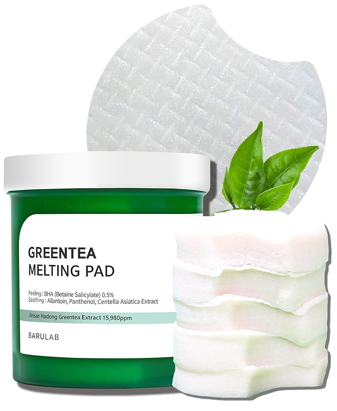 BARULAB Green Tea BHA Melting Toner Pads with Centella Asiatica Soothing Hydrating Moisturizing for All Skin Types | Anti-blemish Daily Care Gentle Mild Peeling Exfoliating Korean Skincare, White
