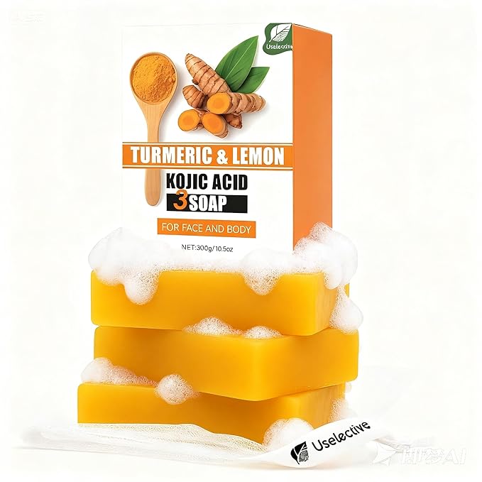 3 Pack Lemon & Turmeric Soap Bar for Dark Spots, Powered by Kojic Acid, Vitamin C - Deeply Moisturizing with Amino Acids & Shea Butter - SLS Free for Face/Body