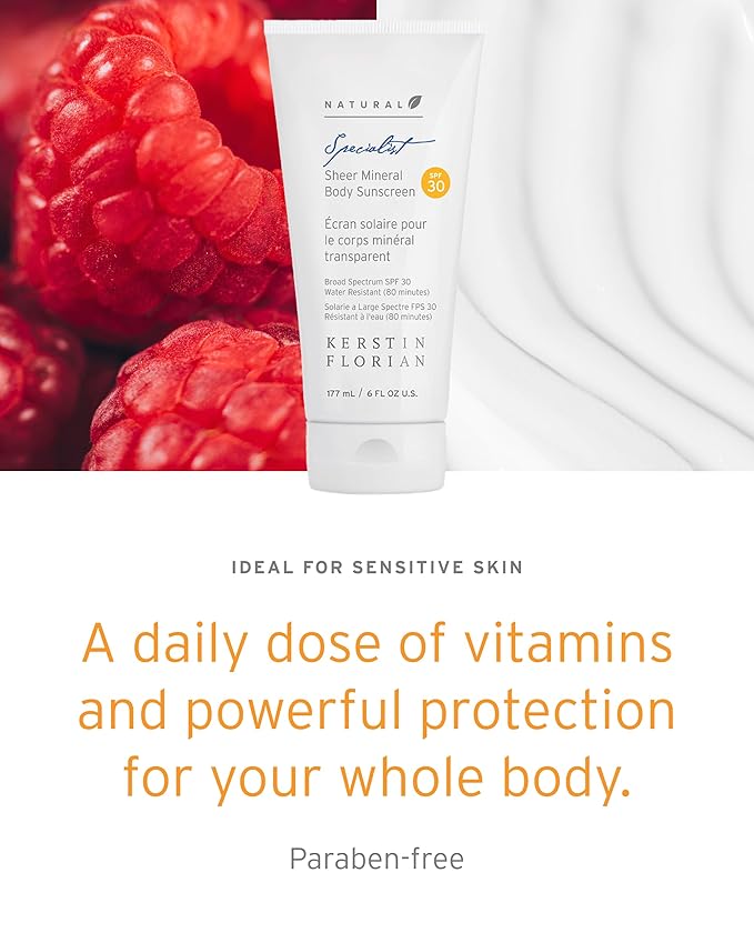 Kerstin Florian Sheer Mineral Body Sunscreen SPF 30 | Waterproof UVA/UVB Sun Protection with Natural Zinc Oxide | Reef Safe Fragrance Free Formula for Sensitive Skin to Moisturize & Protect | 6 fl oz