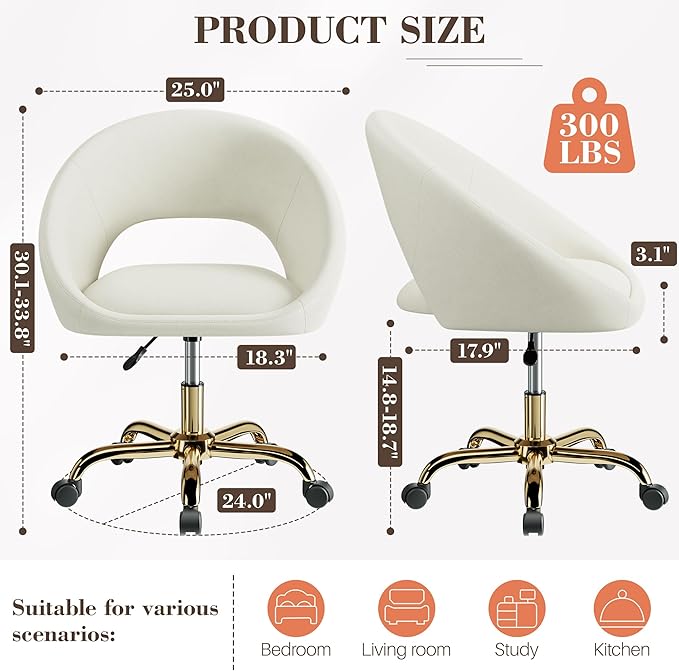 Vanity Chair with Wheels, Comfy Home Office Desk Chairs Adjustable Modern Velvet Makeup Chair for Bedroom Living Room, Soft Cushion Swivel Computer Task Chairs for Women-Beige