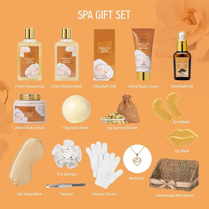 Mothers Day Gifts for Women - 17Pcs Vanilla Bath and Body Gift Basket Set for Women Spa Gift Baskets Spa Kit | Gifts for Christmas, Valentines Day, Birthday Gift, Self Skin Care Gift Sets for Her