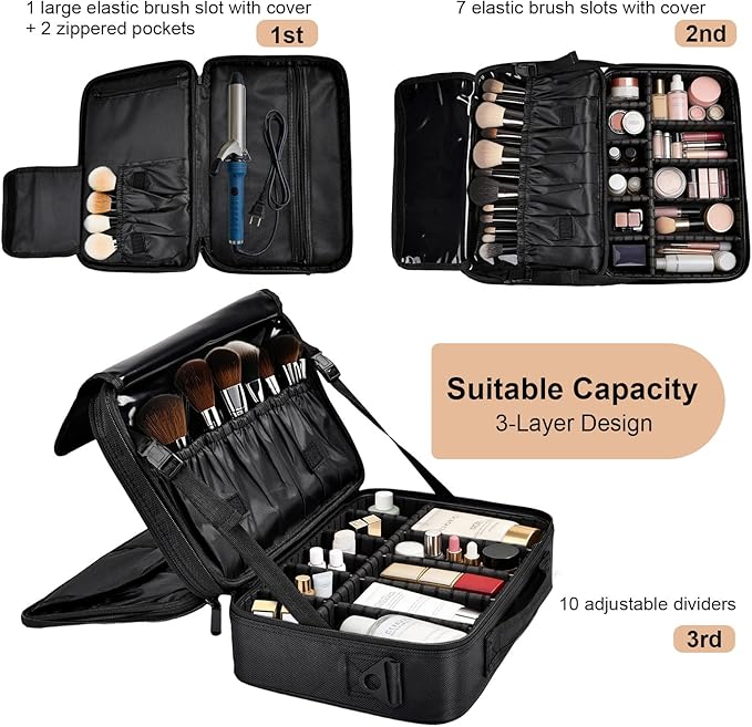 Greenfeather Travel Makeup Bag, Professional Cosmetic Train Case Organizer, Portable Travel Cosmetic Brush Bag Holder Makeup Artist Storage Box with Adjustable Dividers and Shoulder Strap, Black