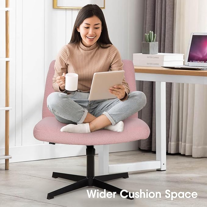 PayLessHere | Criss Cross Chair | Pink | Wide, Armless Desk Chair Without Wheels | 360 Swivel, Height Adjustable & Stable Metal Base | for Office, Home Office, Vanity Seating